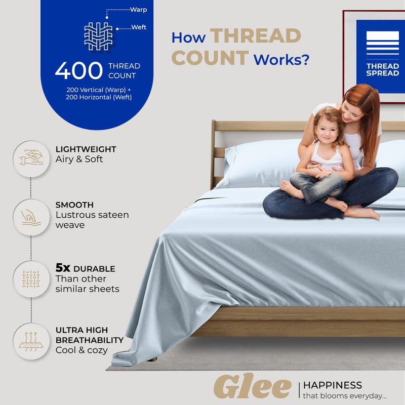 THREAD SPREAD 100% Cotton Queen Sheets Set - 400 Thread Count Queen Size Sheets (4 PC, Light Blue), 16" Deep Pocket All Around Elastic, Soft, Cooling, Durable & Breathable Sateen Weave Bed Sheet Set - Image 2